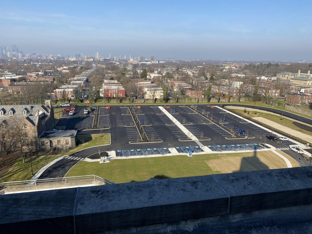 Aerial view of parking lot expansion